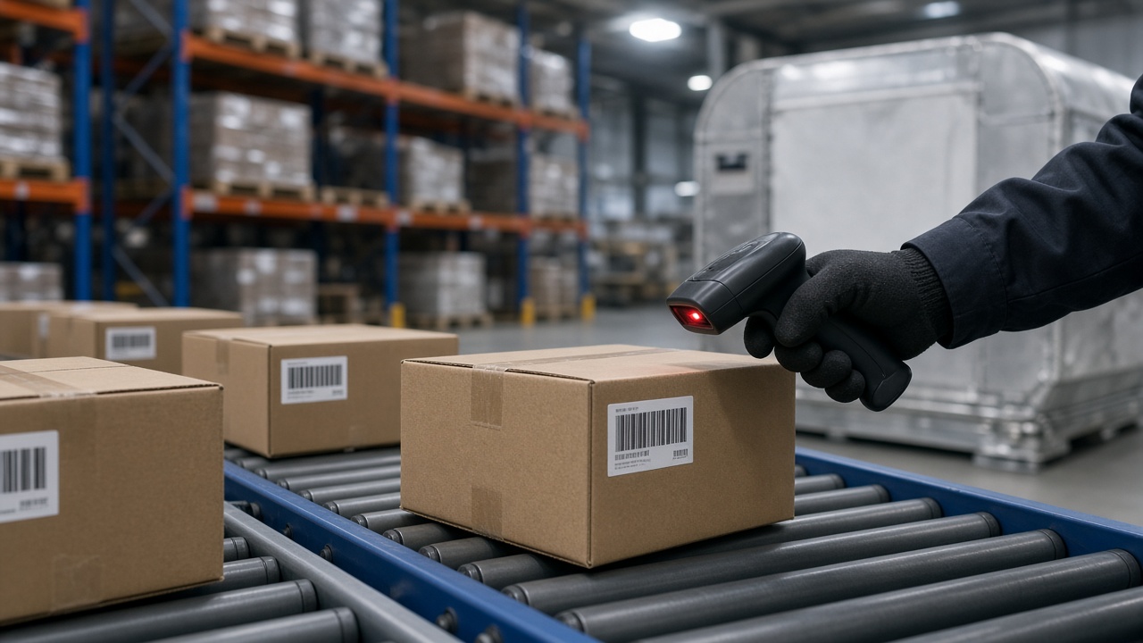 Cartons being scanned on a conveyor in an air cargo warehouse