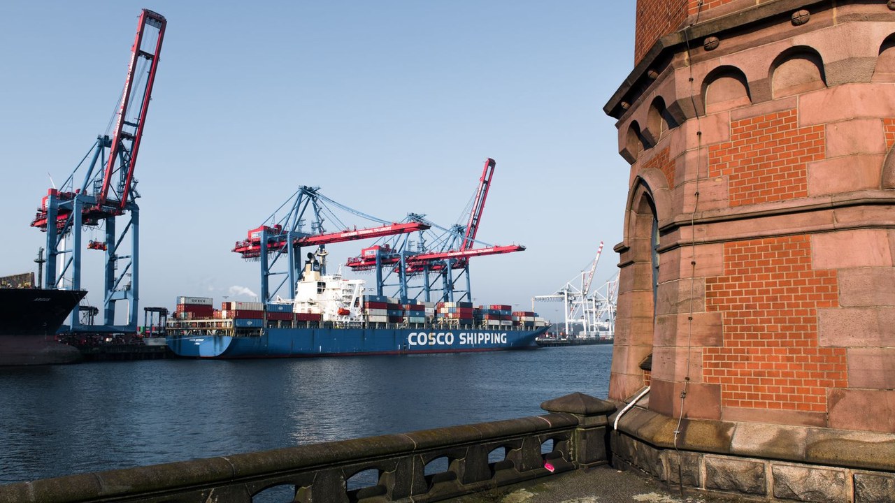 Container ships and gantry cranes at Hamburg port under a clear sky