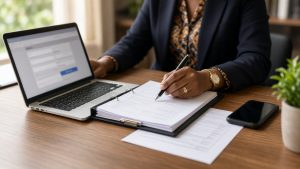Importer reviewing a Form M file and laptop at a desk