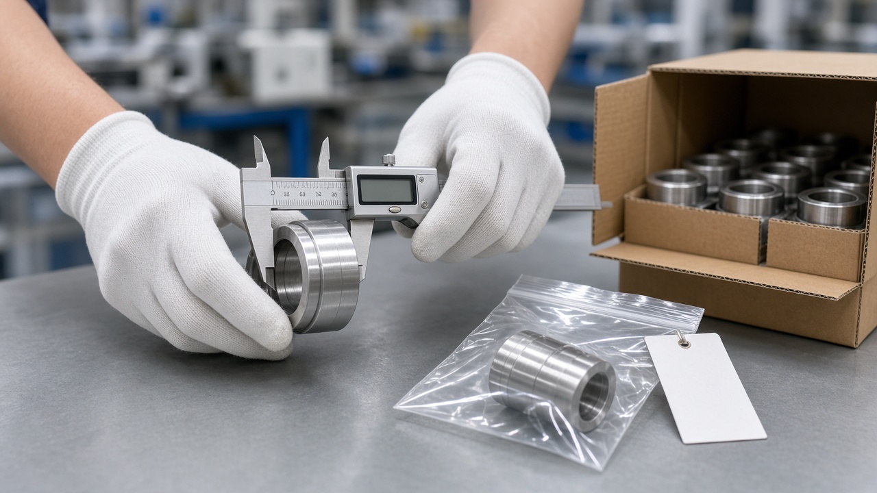 Inspector measuring a steel part with calipers beside a reference sample