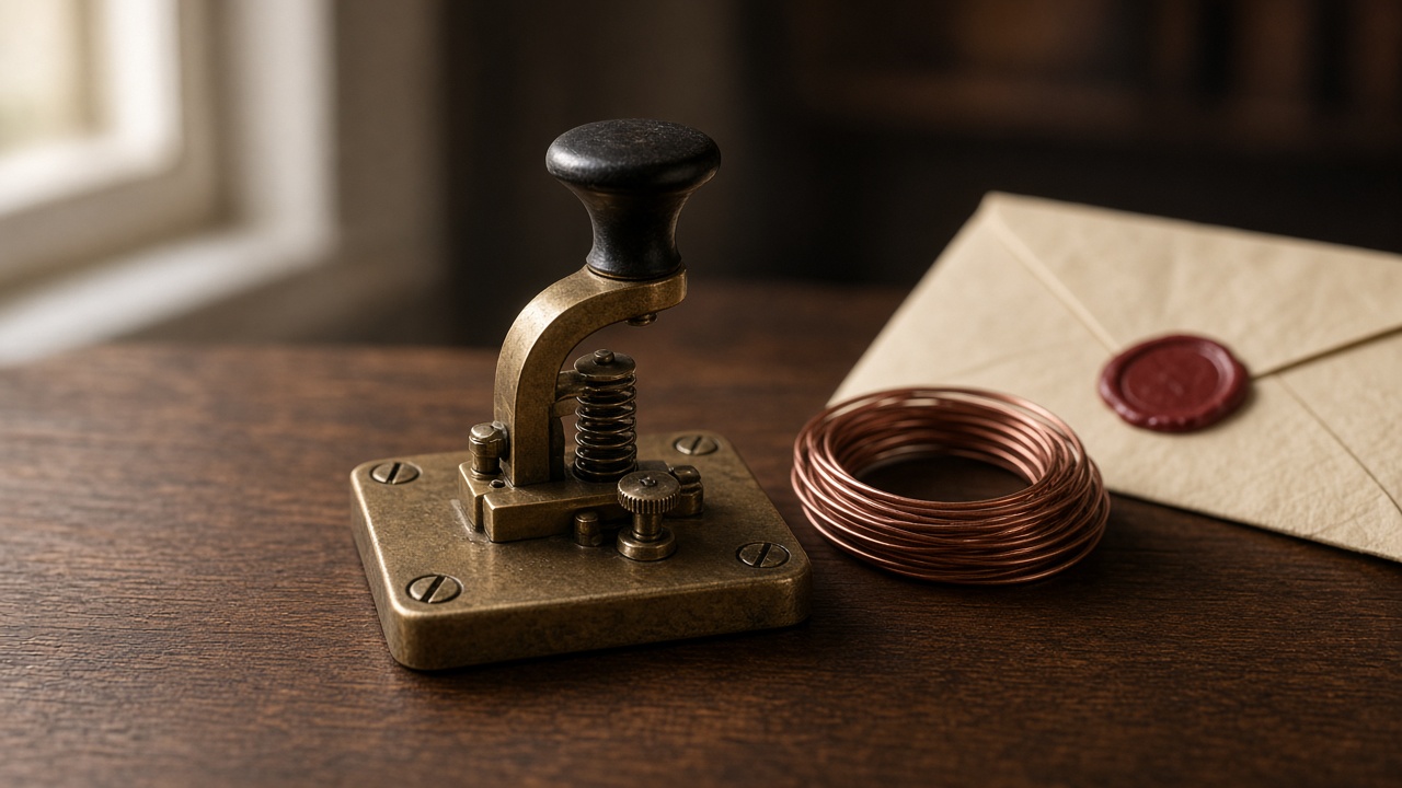 Antique brass telegraph key and sealed cream envelope with red wax on walnut desk