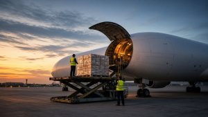 Cargo pallets being loaded onto an air freighter at dusk