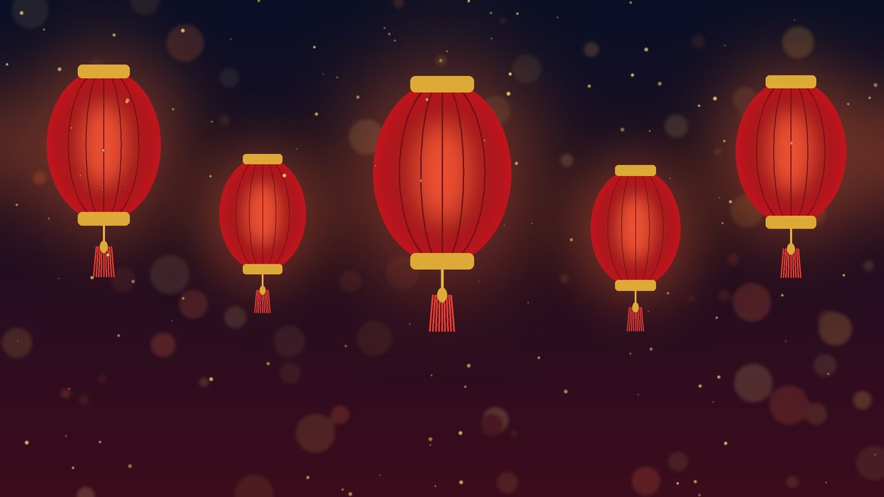 Row of glowing red paper lanterns with gold caps and tassels against a dark night sky