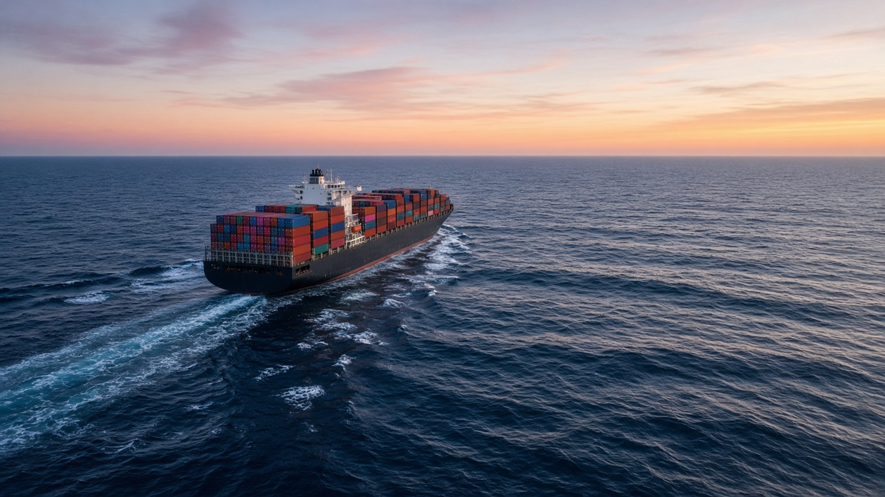 Container ship sailing across open ocean at dawn