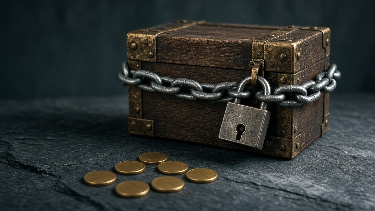 Wooden strongbox locked with a steel chain and padlock beside a few coins