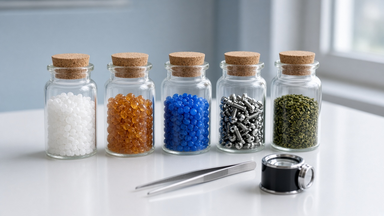 Row of glass sample jars holding plastic granules, resin pellets, blue beads, screws and tea leaves beside tweezers and a loupe.