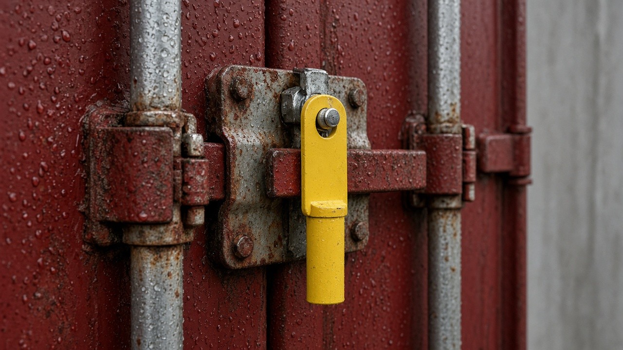 Yellow customs bolt seal on the locked door bars of a red cargo container