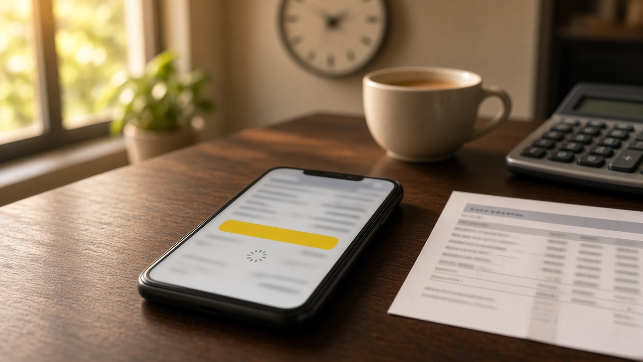 Phone showing a pending payment beside a bank slip and calculator