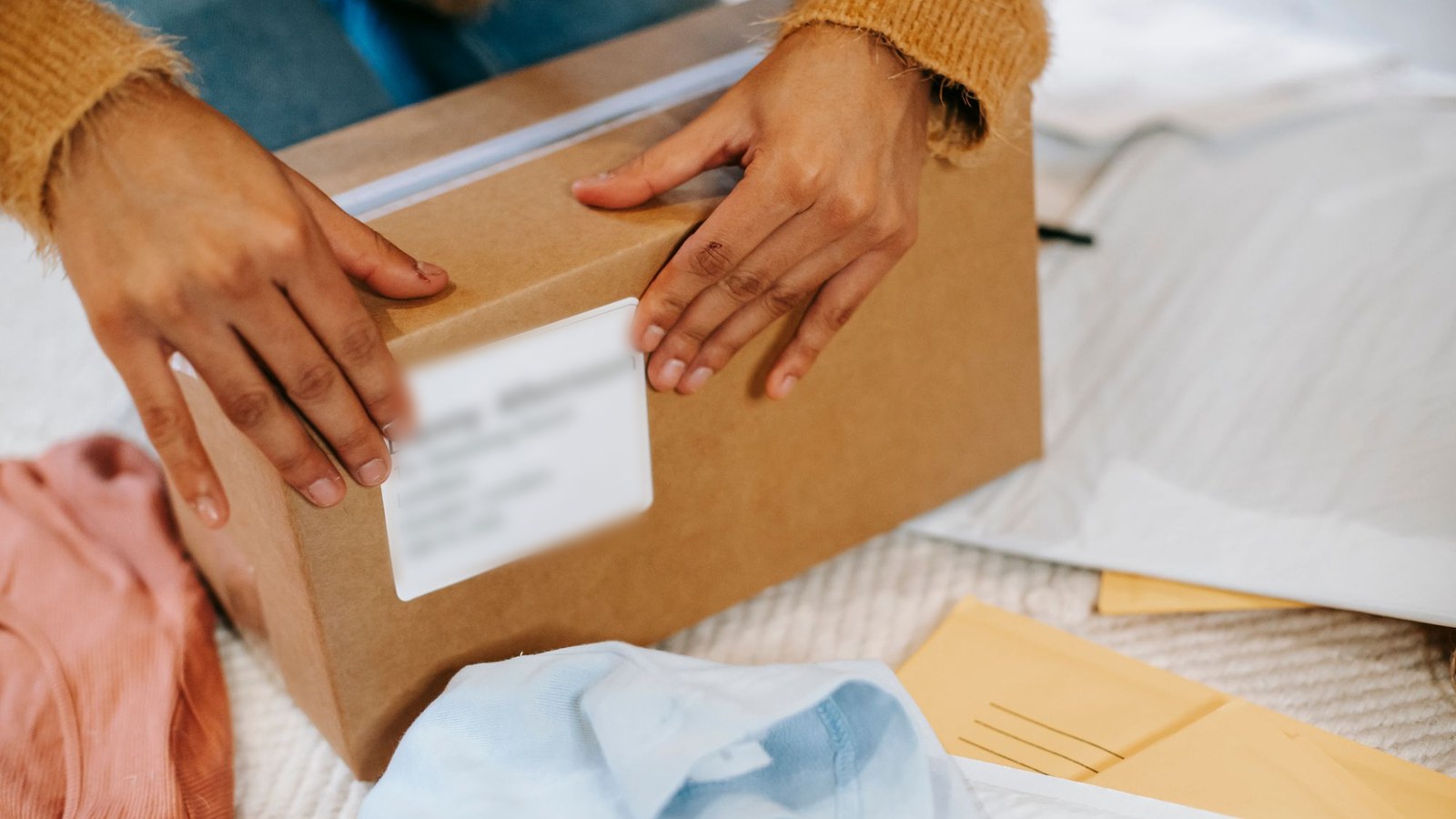 Online seller sealing a parcel for international shipping to Europe.