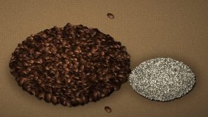 Heaps of dark cocoa beans and pale sesame seeds on a rough burlap sack cloth.