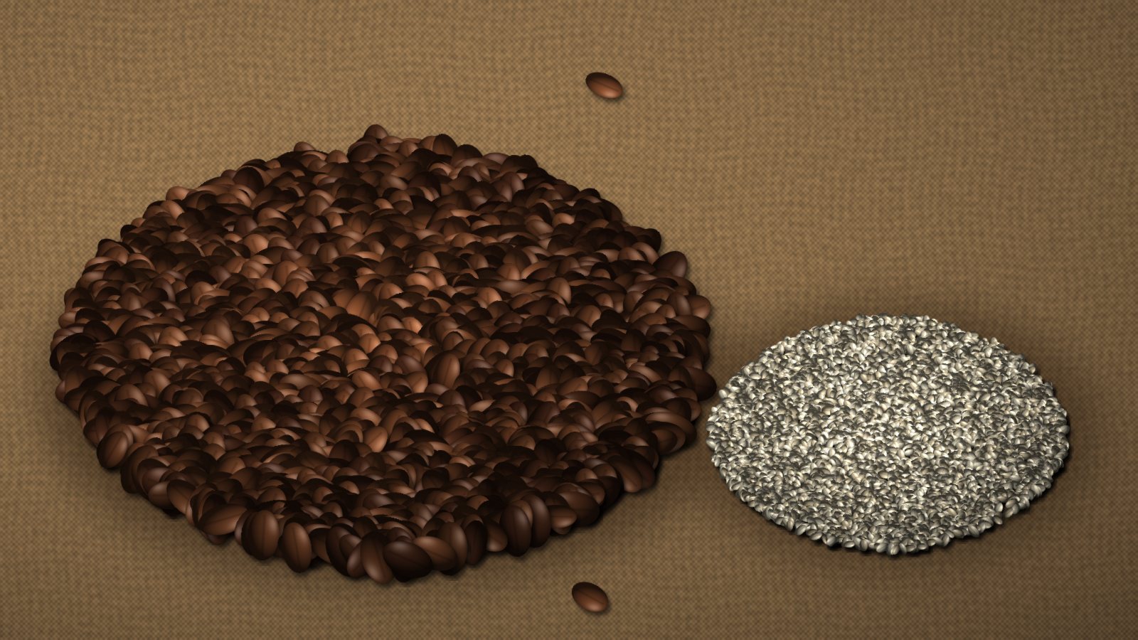 Heaps of dark cocoa beans and pale sesame seeds on a rough burlap sack cloth.