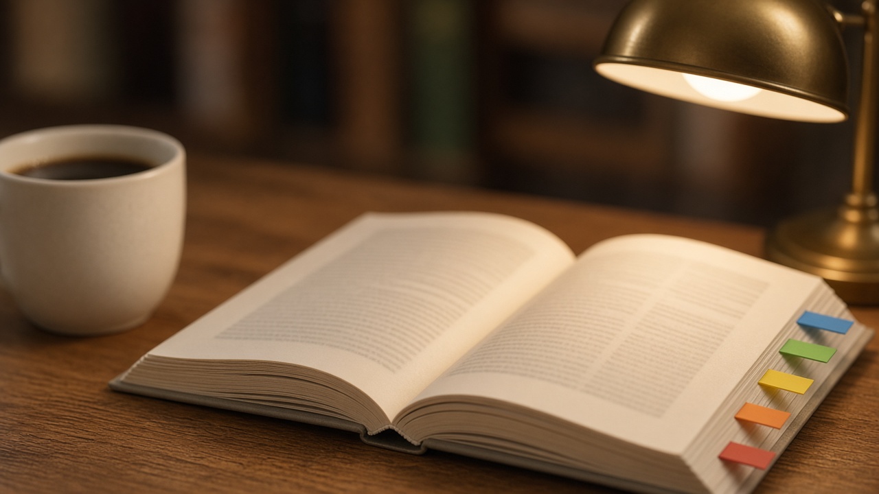 Open hardcover reference book with colourful sticky page markers under a warm desk lamp