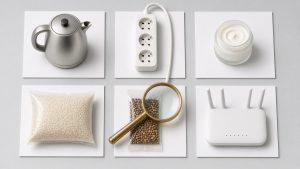 Everyday regulated products laid out with a magnifying glass