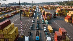 Aerial view of trucks with empty container chassis queuing through a busy container yard between stacks of shipping containers