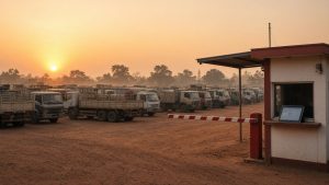 Trucks waiting at a transit park gate at sunrise