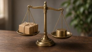 Brass balance scale weighing a small parcel against a stack of metal discs