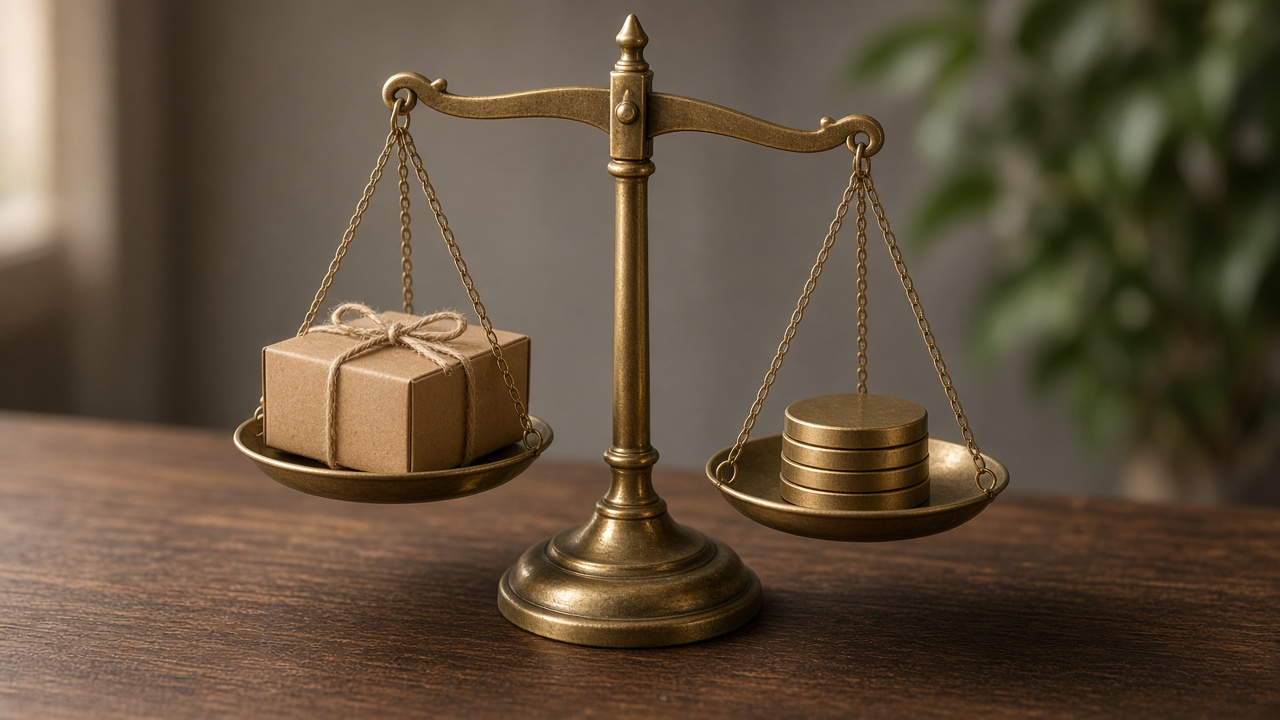 Brass balance scale weighing a small parcel against a stack of metal discs