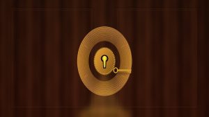 Ornate brass keyhole glowing with golden light on a dark wood door, with a small brass key beside it