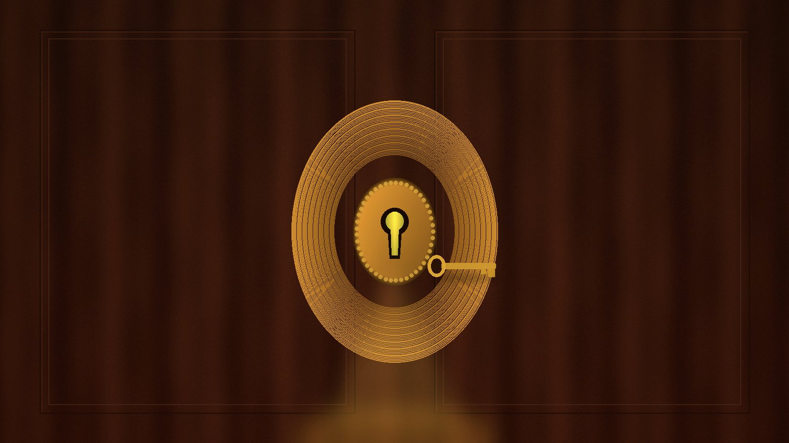 Ornate brass keyhole glowing with golden light on a dark wood door, with a small brass key beside it