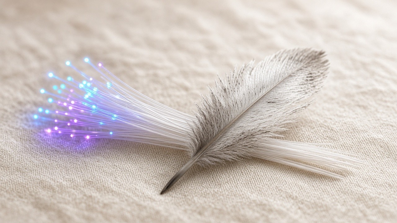 Feather quill pen resting on glowing fibre-optic strands, symbolising paper versus digital bills of lading