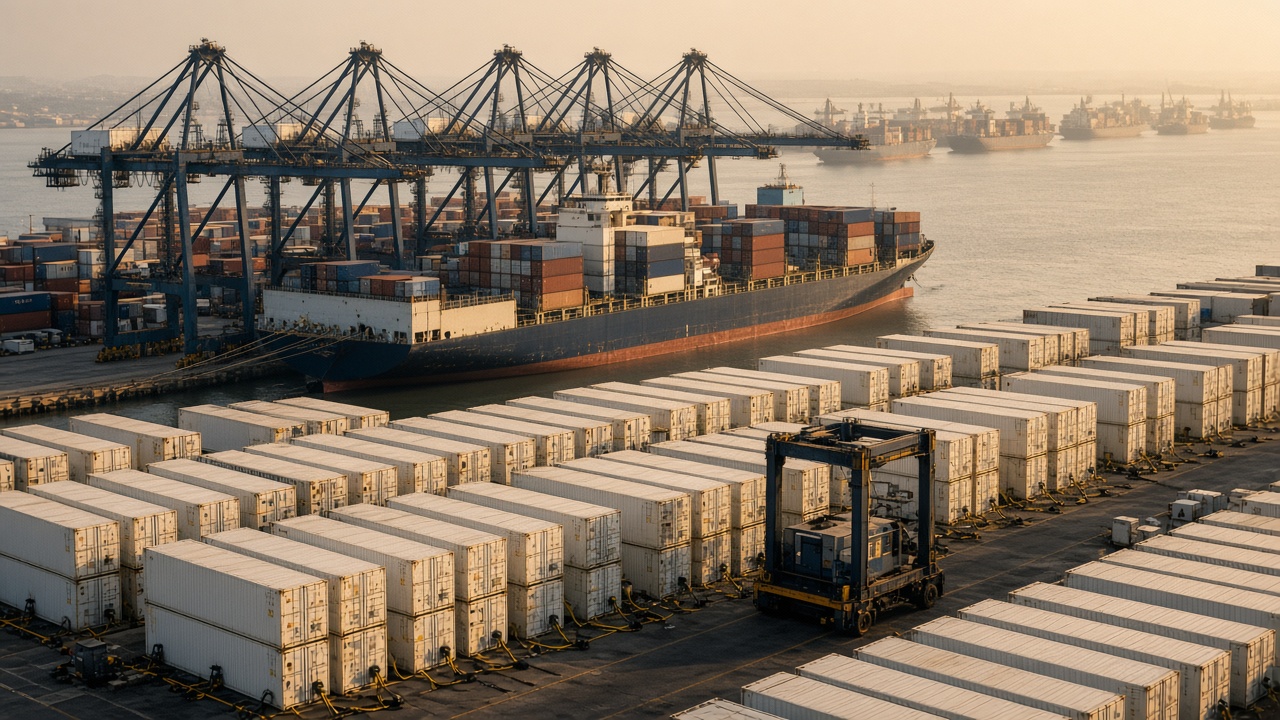 Busy West African container port with ships waiting offshore, gantry cranes and rows of reefer containers