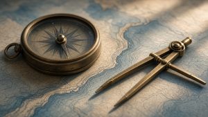 Brass compass and navigation dividers on a nautical chart of a coastline