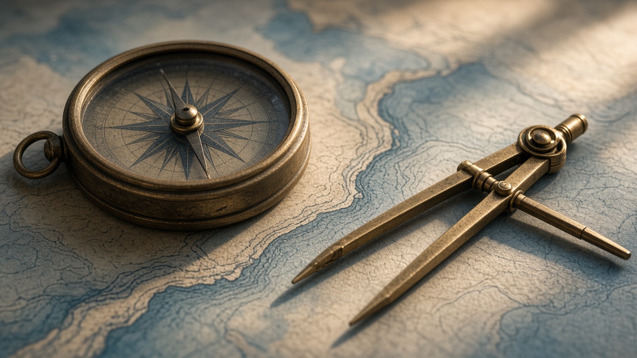 Brass compass and navigation dividers on a nautical chart of a coastline